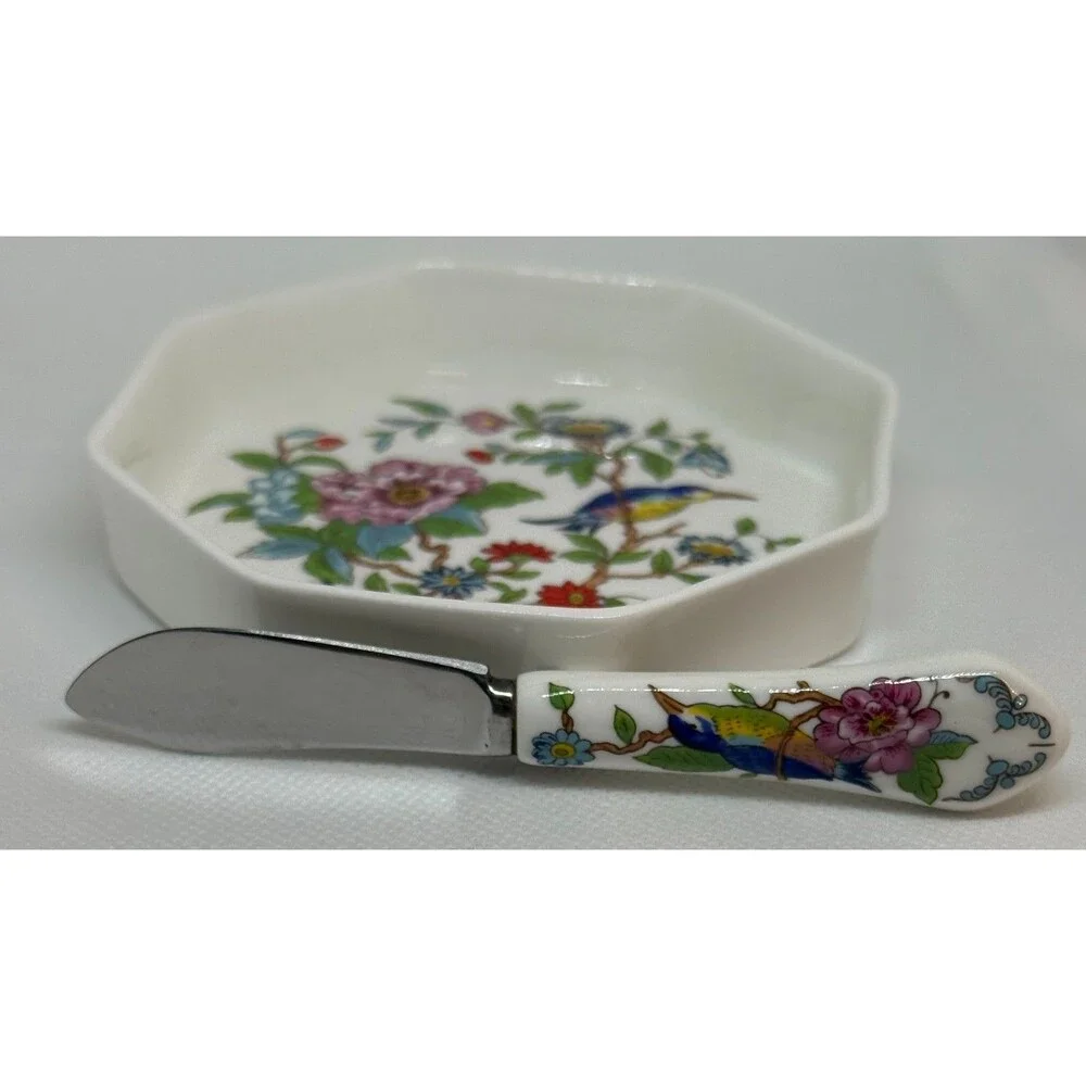 Aynsley Pembroke Individual Butter Dish & Knife England Bone China Octagonal